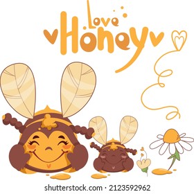 A set of illustrations of bee and honey. Children's illustration. Vector. Postcard. Background. Print.  Cute cartoon style.
