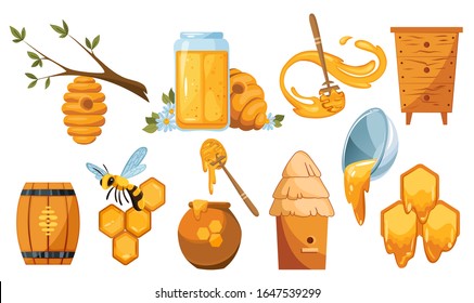 Set illustrations of beekeeping. Wooden jar with