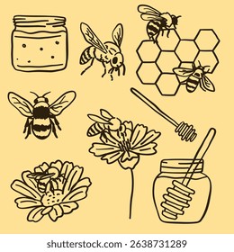 Set of illustrations of bees and honey-related elements, such as honeycombs, jars, and flowers. Doodle or hand-drawn style.