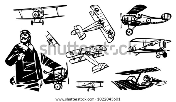 Set of illustrations of biplanes of the First\
World War. French pilot of World \
War I against the background of\
the biplane.