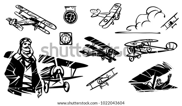 Set of illustrations of biplanes of the First
World War. French pilot of World 
War I against the background of
the biplane.