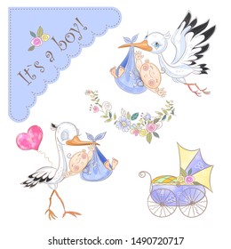 Set of illustrations for the birth of a boy. Stork with baby.   Baby shower. Vector.