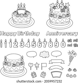 A set of illustrations of a birthday cake and candles in the shape of numbers, drawn with lines. (Includes materials that can be freely recombined)