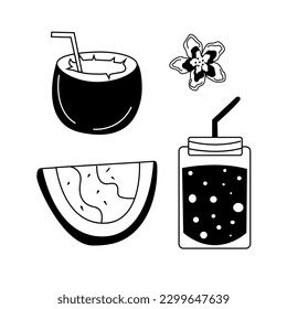 set of illustrations. black and white set of illustrations. dragon fruit, starfish, drinks, watermelon. no summer icons. summer holiday banner rubbed. postern
