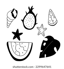 conjunto de ilustraciones. conjunto de ilustraciones en blanco y negro. fruta de dragón, pez estrella, bebidas, sandía. no hay iconos de verano. afiche de vacaciones de verano. postern