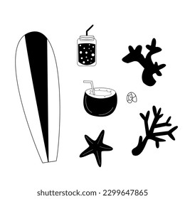 set of illustrations. black and white set of illustrations. dragon fruit, starfish, drinks, watermelon. no summer icons. summer holiday banner rubbed. postern