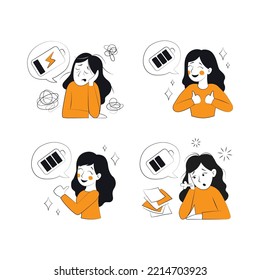 The set of illustrations is black and white with orange color. The girl is in different states: the girl is burned out, tired of work, no strength, depressed, the battery is at zero, the girl is full 