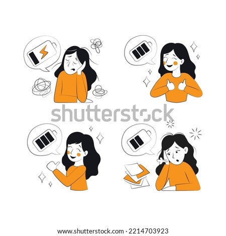 The set of illustrations is black and white with orange color. The girl is in different states: the girl is burned out, tired of work, no strength, depressed, the battery is at zero, the girl is full 