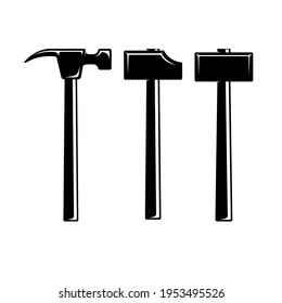 Set of illustrations of blacksmith hammers. Design element for logo, label, sign, emblem, poster. Vector illustration