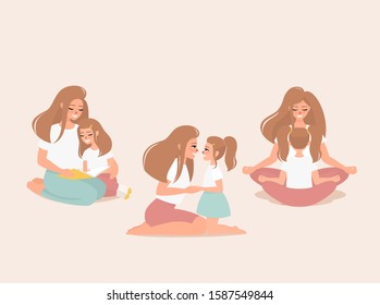 set of illustrations of a blond happy mother with a daughter talking, doing yoga, reading a book