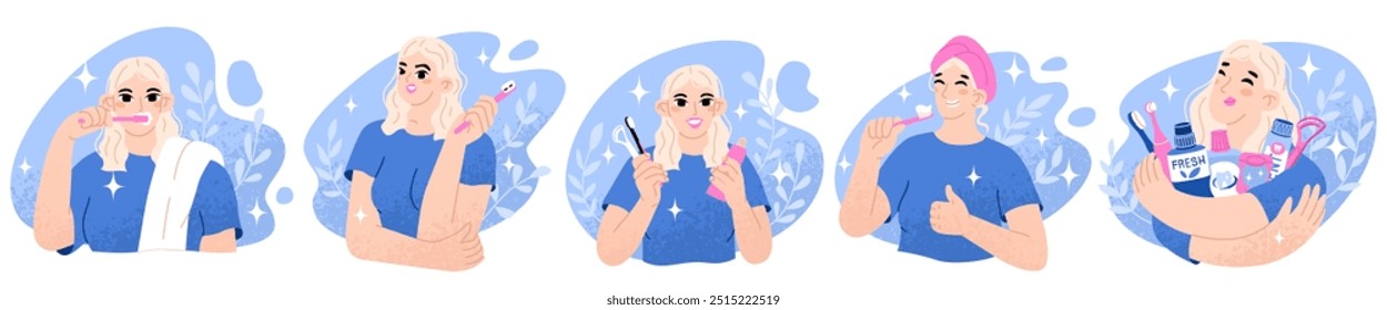 Conjunto de ilustrações com uma garota loira cuidando dos dentes. Sensação de limpeza após um banho. Cuidados diários ao corpo. Higiene oral pessoal. Prevenção da cárie. Ilustração vetorial em estilo cartoon