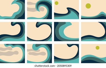 Set of illustrations with blue ocean waves. Vector illustration.