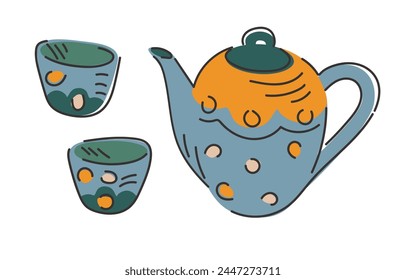 Set of illustrations blue teapot with cups. Cute kitchenware in polka dots. Items that create coziness in the house. Simple, flat, careless outline