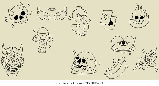 set of illustrations with bold lines. cute illustrations with lines suitable for stickers, t-shirts, tattoo designs, etc