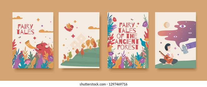 Set of illustrations for the book of fairy tales about the ancient forest.