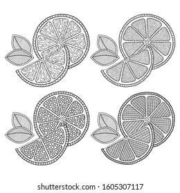 Set of illustrations for сoloring book page  with outlines of orange. For kids education or adult antistress. Hand-drawn, doodle, zentangle style. Set of illustrations.