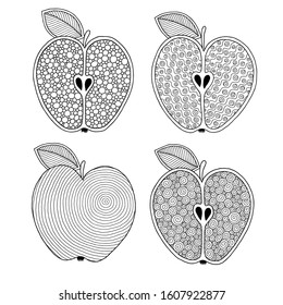 Set of illustrations for сoloring book page  with outlines of apples. For kids education or adult antistress. Hand-drawn, doodle, zentangle style. Set of illustrations.