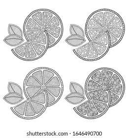 Set of illustrations for сoloring book page  with outlines of orange. For kids education or adult antistress. Hand-drawn, doodle, zentangle style. Set of illustrations.
