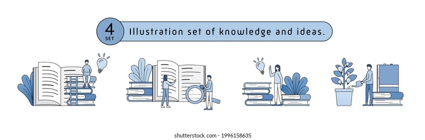 Eine Reihe von Illustrationen von Büchern und Wissen. Diese Illustrationen beziehen sich auf Unternehmen, Studien, Lernen, Marketing, Bildung, Ideen, etc.