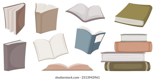 Conjunto de ilustraciones de libros y libros con páginas abiertas. Dibujado a mano.