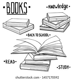 Set of illustrations with books. Vector illustration for bookstore, school, university, library.