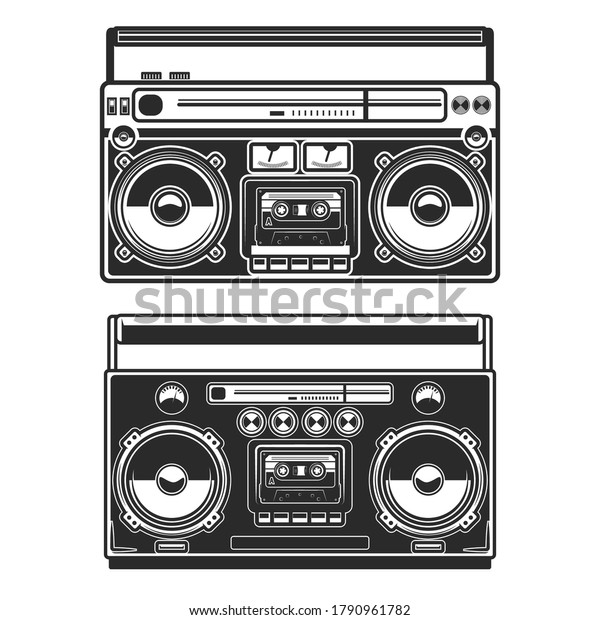 Set of Illustrations of\
boombox isolated on white background. Design element for poster,\
card, banner, logo, label, sign, badge, t shirt. Vector\
illustration
