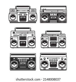 Conjunto de ilustraciones de boombox en estilo monocromo. Elemento de diseño para logotipo, etiqueta, signo, emblema. Ilustración del vector