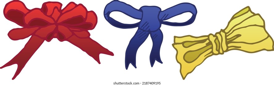 A set of illustrations of bows with a stroke. Red, yellow and blue, eps ready to use. For your design