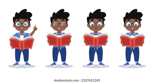 Montaje de ilustraciones de un niño con un libro en las manos	
