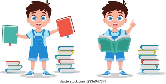 Set of illustrations of a boy with books