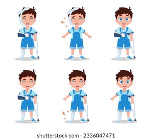 Set of illustrations of a boy with a broken arm, bandaged head, crying in pain and on crutches