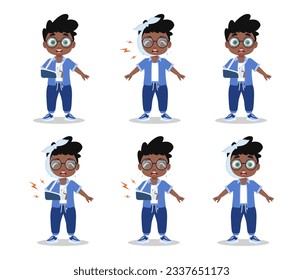 A set of illustrations of a boy with a broken arm, bandaged head	
