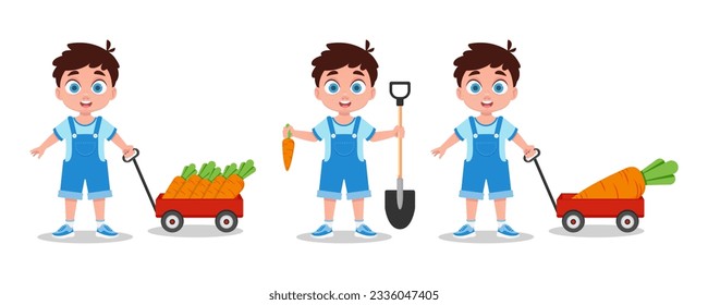  Set of illustrations of boy with carrot harvest