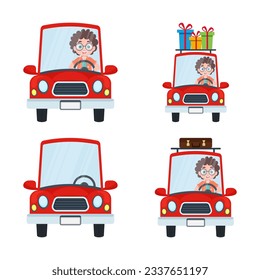 Set of illustrations of a boy driving a car	
