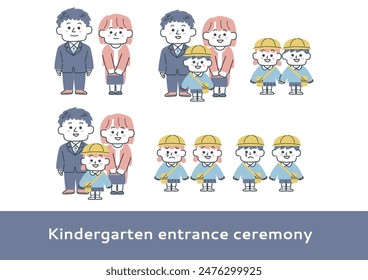 Set of illustrations of a boy and a girl attending kindergarten and nursery school and their parents