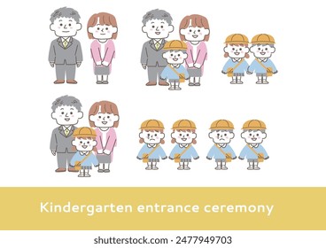 Set of illustrations of a boy and a girl attending kindergarten and nursery school and their parents