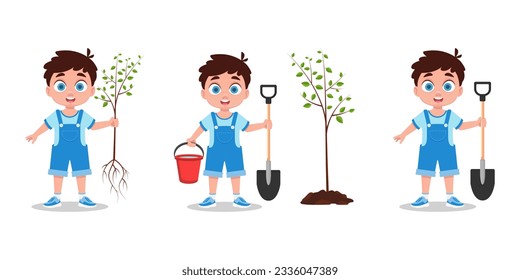 Set of illustrations of a boy planting a tree