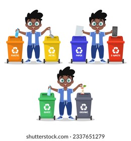 Set of illustrations of a boy sorting garbage	
