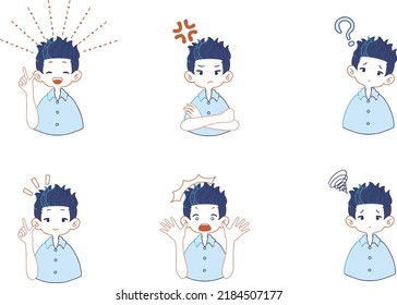 Set of illustrations of boys in suits with various facial expressions