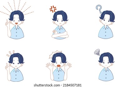Set of illustrations of boys in suits with various facial expressions
