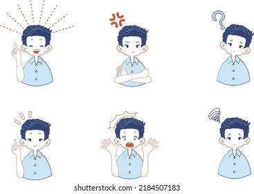 Set of illustrations of boys in suits with various facial expressions