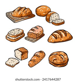 Set of illustrations of bread, baguette, and pastry in a realistic style. Vector images depict various types of bakery products, creating an atmosphere of coziness and flavor.