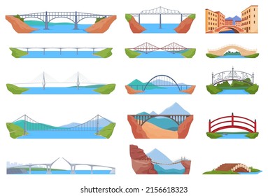 Set of illustrations of bridges of different types. Cross the river, abyss, water. Vector illustration