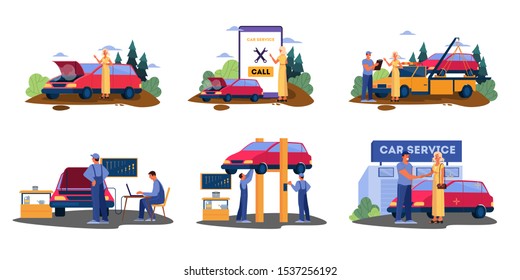 Set of illustrations with broken down car on a road. Female calls to get help for transporation to mechanic service. Driver have her car fixed.