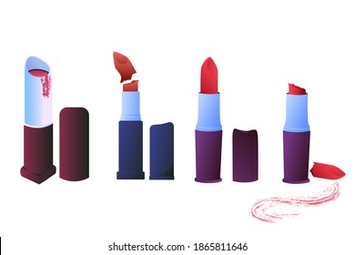 Set Of Illustrations Of Broken Female Lipsticks. Unsuitable Shattered Cosmetics, Outdated Fashion Concept.