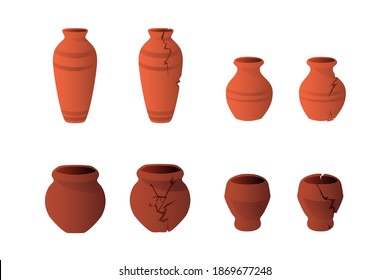 Set of illustrations of broken pottery on a white background. Clay vases, vintage. Shards of a broken vase.
