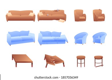 Set of illustrations of broken room furniture on a white background. Sofas and armchairs with protruding springs, damaged furniture. Battered table and stool.