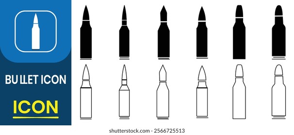 Set of Illustrations of bullets and cartridge icon. Military ammunition, weapon ammo types and size in flat style, Bullet or patron silhouette. Vector illustration. 