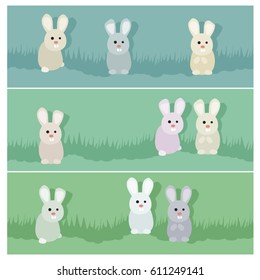 Set of illustrations with bunnies in the grass