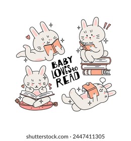 Set of illustrations with a bunny who loves to read books. Children's leisure and hobbies. Love of reading. World Book Day. Cute vector illustration in cartoon style isolated on transparent background